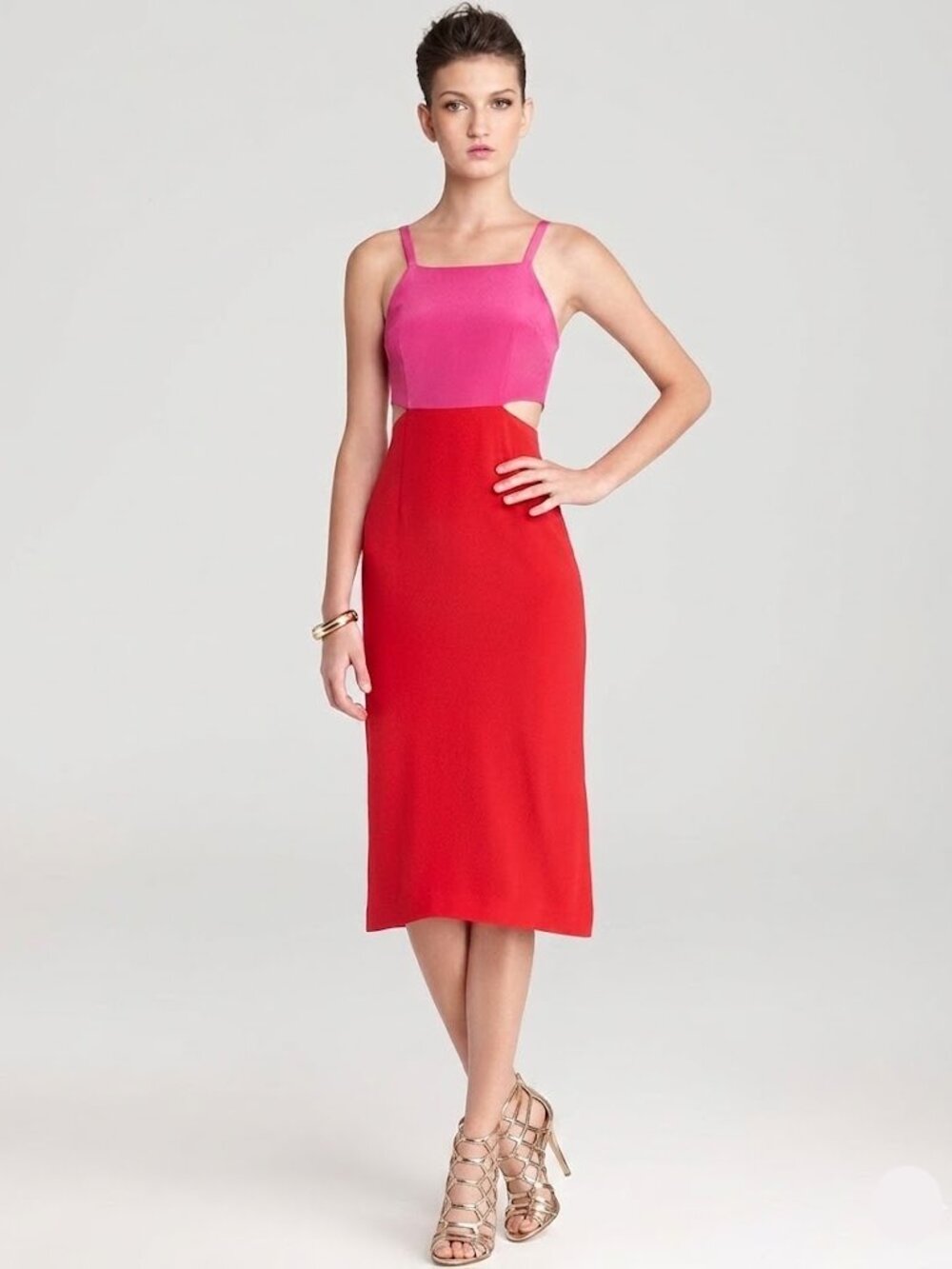 Mara Hoffman 100% Silk Waist Cut Out Color Block Midi Dress Fuchsia Red 8